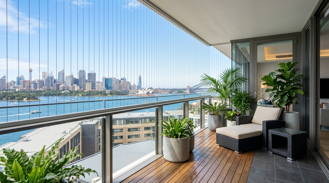 Modern apartment balcony with professionally installed invisible safety grills